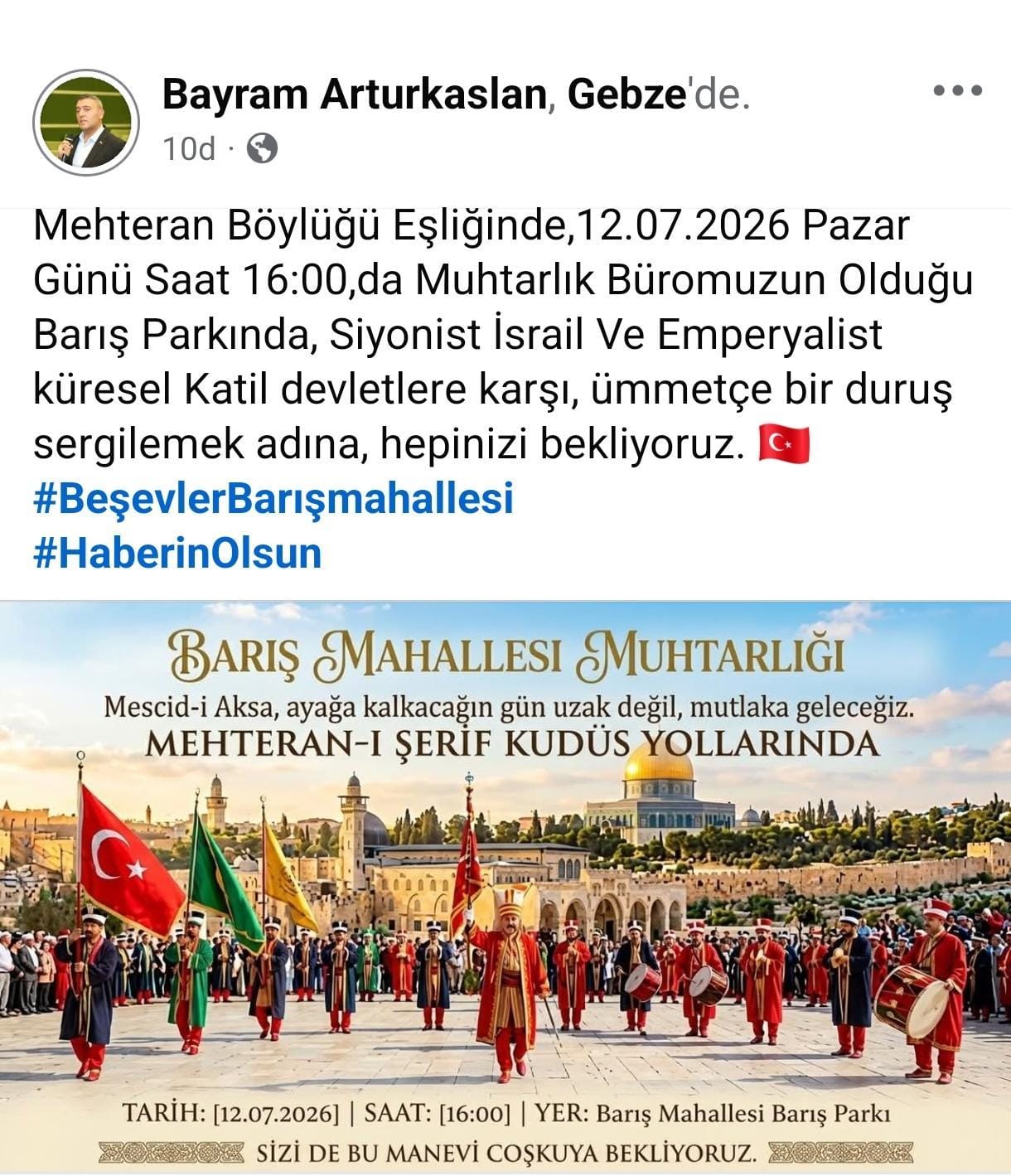  Gebze Beşevler Barış Mahallesi Muhtarlığı, Filistin'e destek ve İsrail'in